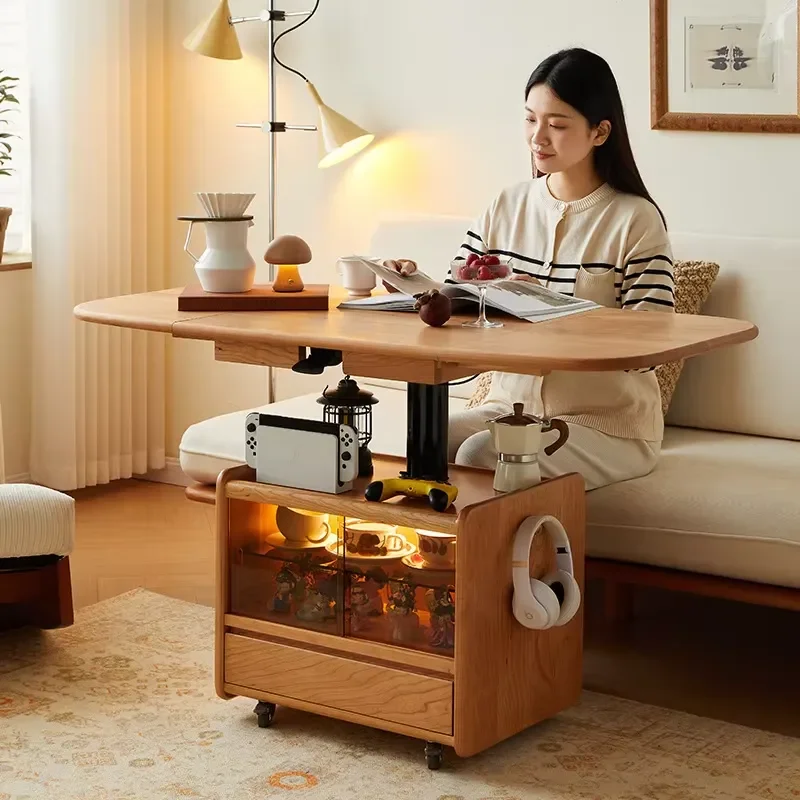Height Adjustable Solid Wood Multi-Purpose Foldable Telescopic Cherry Wood Rolling Cart Coffee Table Dining Dual Use