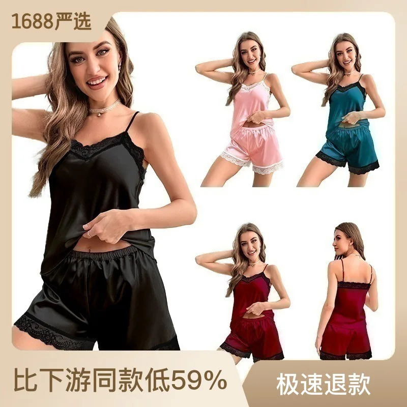 

Женский летний сексуальный атласный кружевной комплект одежды для сна — жилет с открытой спиной и шорты с ремешками, домашний наряд для отдыха, обтягивающий рост, воздушный