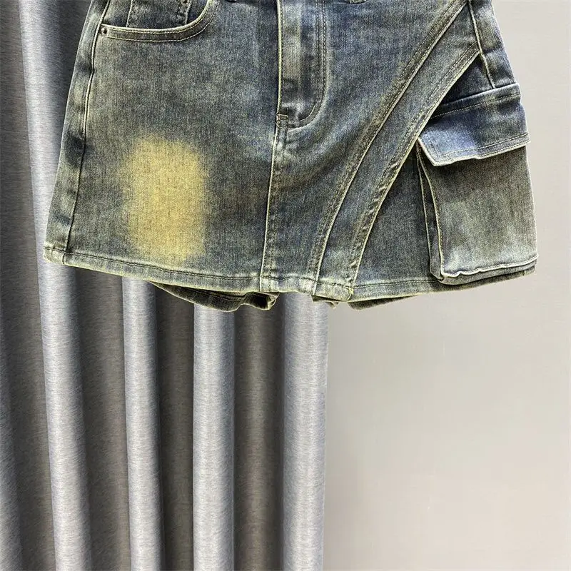 미국 레트로 하이웨이스트 데님 숏 스커트 여성용 여름 신상 힙커버 A라인 다용도 스커트 팬츠