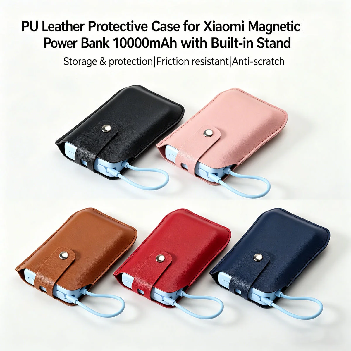 Capa protetora de couro pu para xiaomi, power bank magnético, 10000mah, 7.5w, com suporte embutido, portátil, bolsa de armazenamento para transporte de viagem