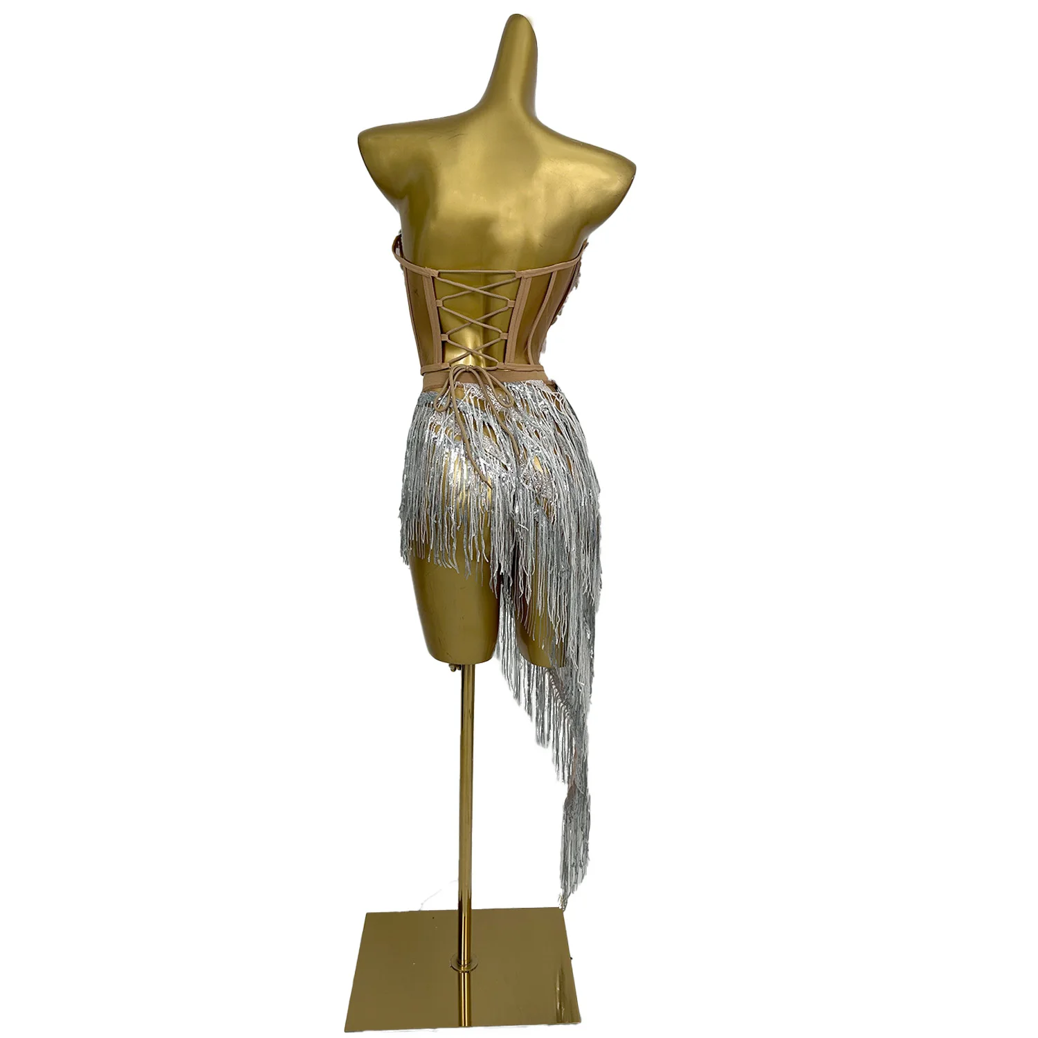 Rok Mini Atasan Crop Tanpa Tali Rumbai Payet Berlian Imitasi Set 2 Potong Pakaian Punggung Terbuka Wanita Seksi Pakaian Pemotretan Pesta Wenrou