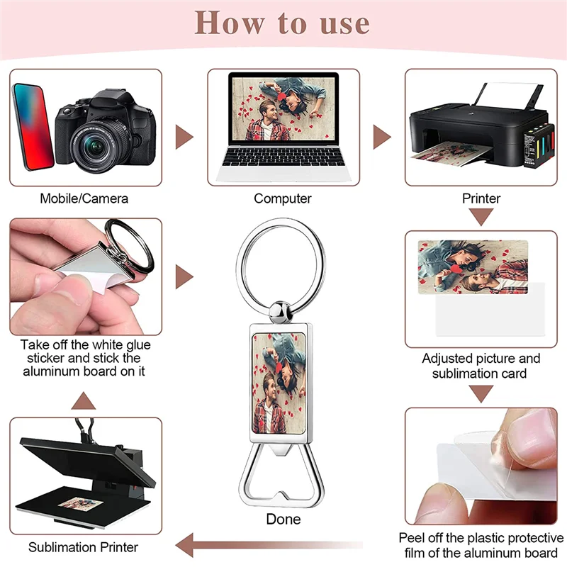 A59E-10Pcs الفراغات سلسلة المفاتيح التسامي-حافظة سلسلة المفاتيح التسامي أو فتاحة زجاجات التسامي المعدنية لنقل الحرارة، مجموعة