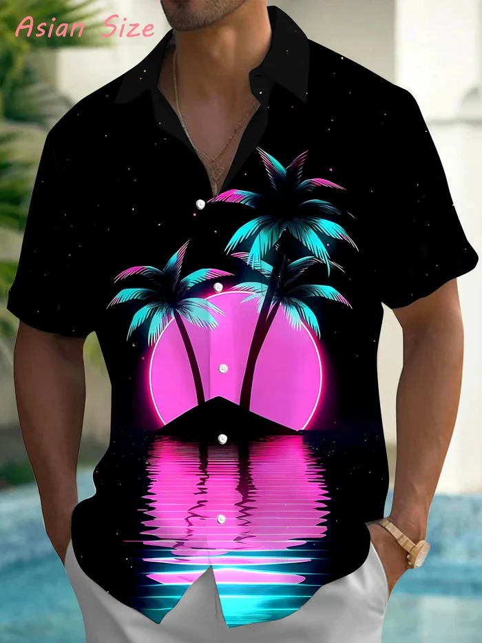 

New Men's Neon Coconut Tree Hawaiian Shirts Fashion Tropical Beach Short-sleeved Summer Shirt Men Button Casual Vacation Blouses