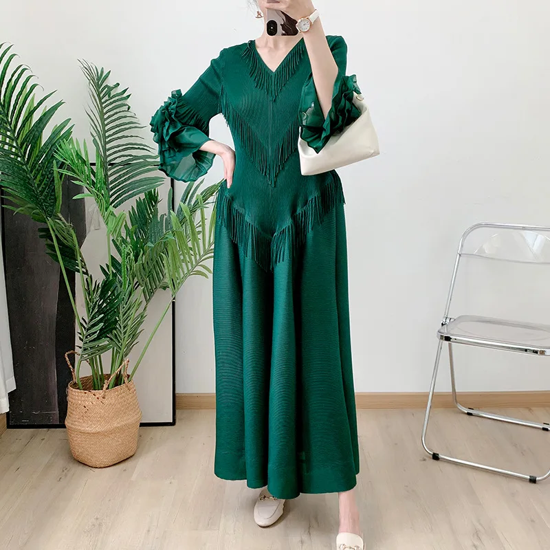 

Miyake Pleated Tassel Embroidered Dress 2024 Summer Fashion High End Elastic Plus Size Women's Dress