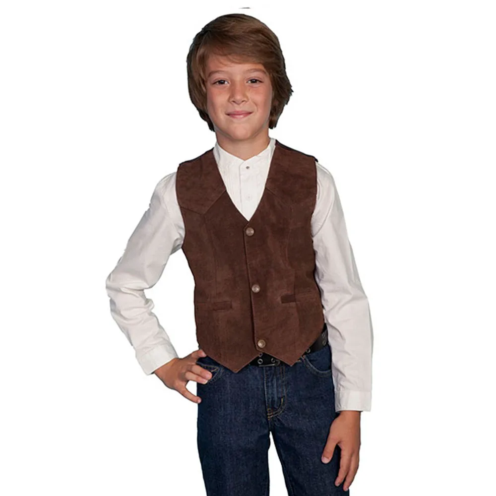 Chaleco informal de piel de ante para niño, chaqueta sin mangas, 3 botones, cuello en V, estilo vaquero del oeste