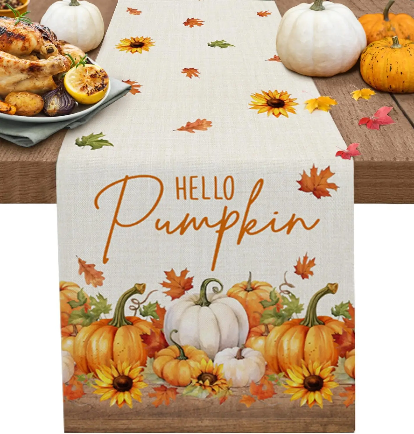 Thanksgiving Pumpkin Linen Table Runner Dresser Scarves Reusable Autumn Harvest Table Runner for Dinning Holiday Party Decor