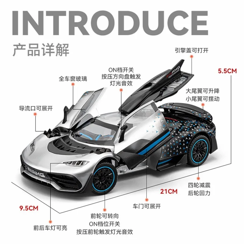 1:24 Mercedes-AMG ONE Diecast Alloy Supercar Model with 3 Openable Parts Front Wheel Steering for Car Collectors Hobby Display