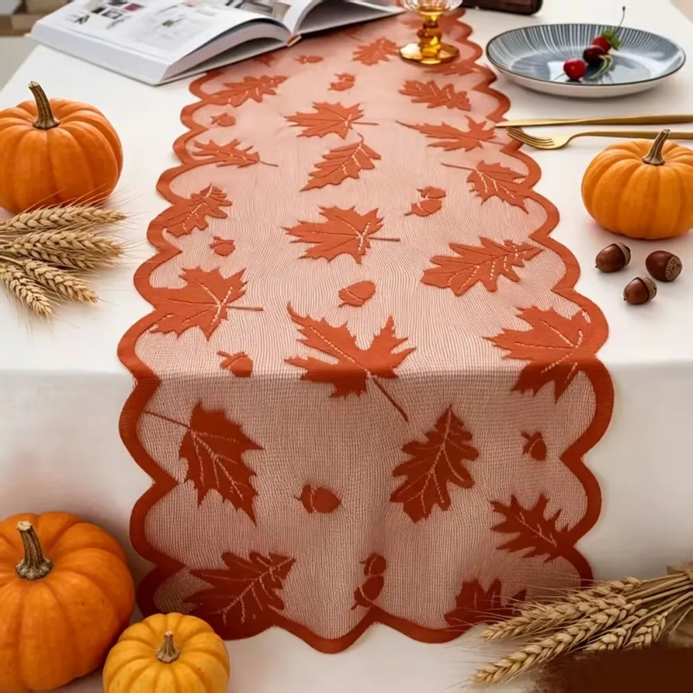 Maple Leaf Pattern Lace Table Runner with Placemats Harvest Thanksgiving Fall Festival Party Rectangular Table Halloween Decor