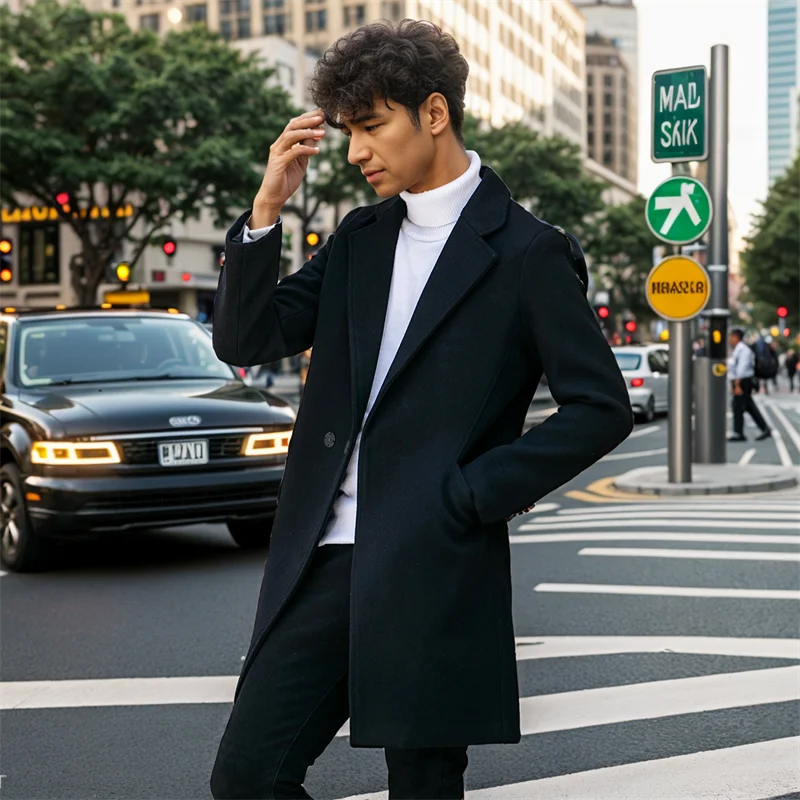 Autumn Woolen Men Long Trench Coat Korean Men Fashion Business Casual Solid Windbreaker Streetwears Winter One Button Overcoat