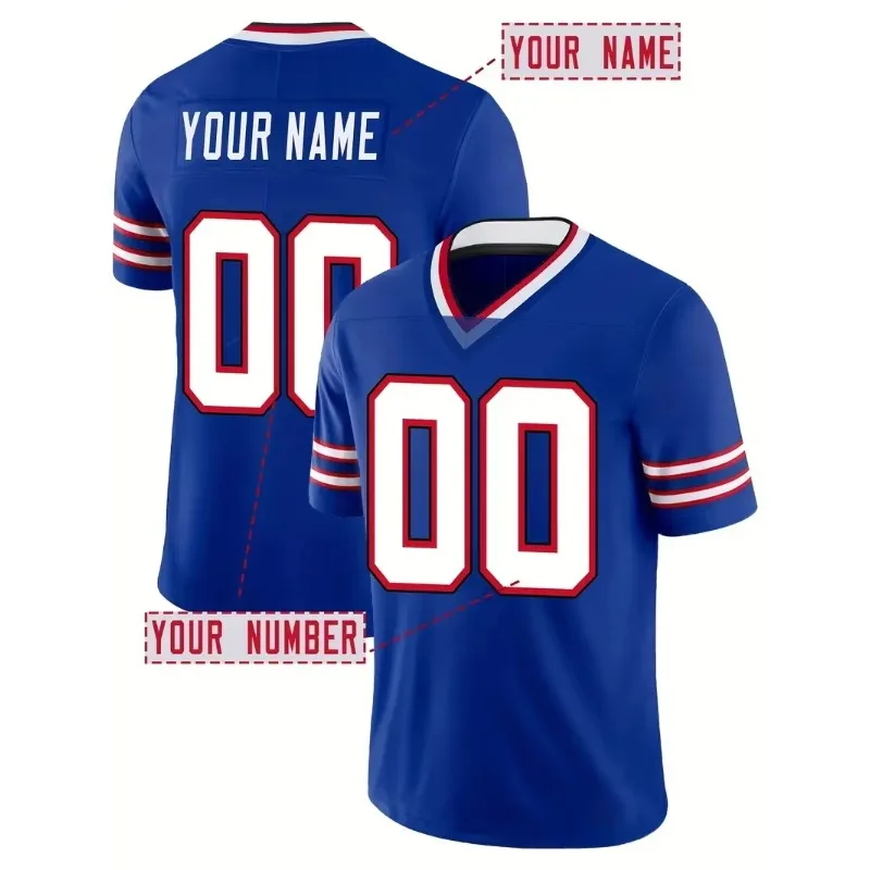 Customized Name And Number Men's Embroidered American Football Jersey Buffalo Blue V-Neck Personalized Short Sleeved Shirt