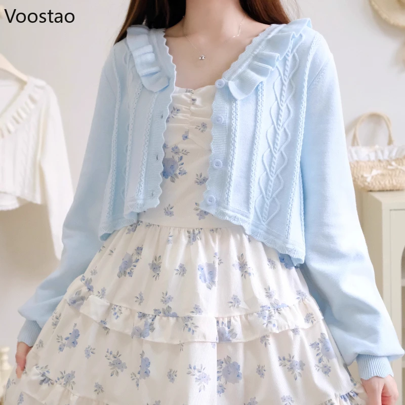 

Japanese Kawaii Lolita Style Knited Cardigan Women Sweet Ruffles V Neck Sweater Tops Autumn Winter Female Cute Y2k Short Jacket