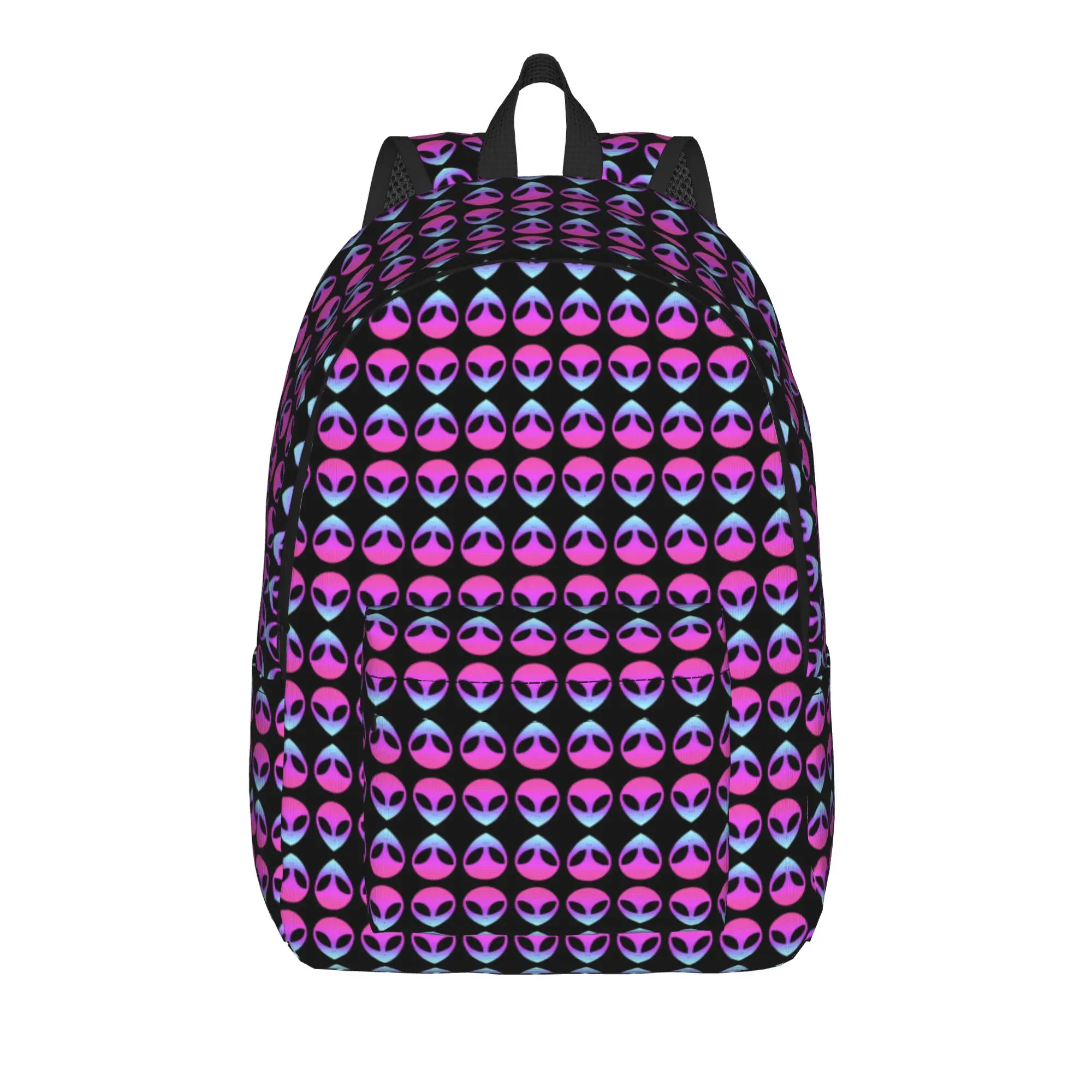 Gradient Pink Blue Alien Head Vertical Black Background Tile Pattern Backpack  Youth Polyester Daily High School Bags Rucksack