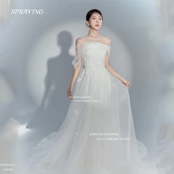 SPRAYING Simple Off Shoulder Tulle Korea Wedding Dress Photo Shoot A Line Bridal Gown Lace Applique Beading 웨딩드레스 Customized