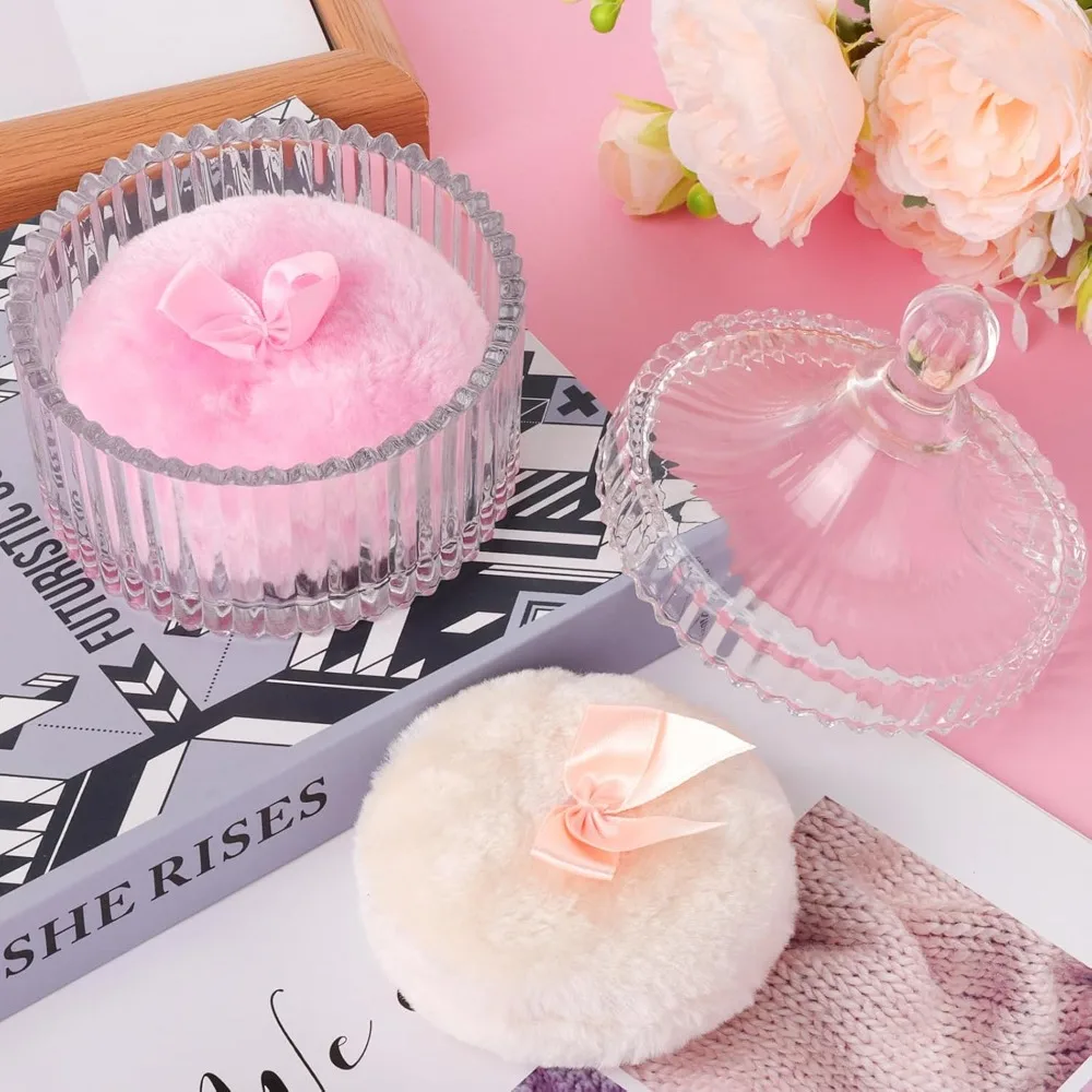 Powder Puff with Glass Storage Box Makeup Organizer Set Reusable Washable Beauty Tool Complete Christmas Gift