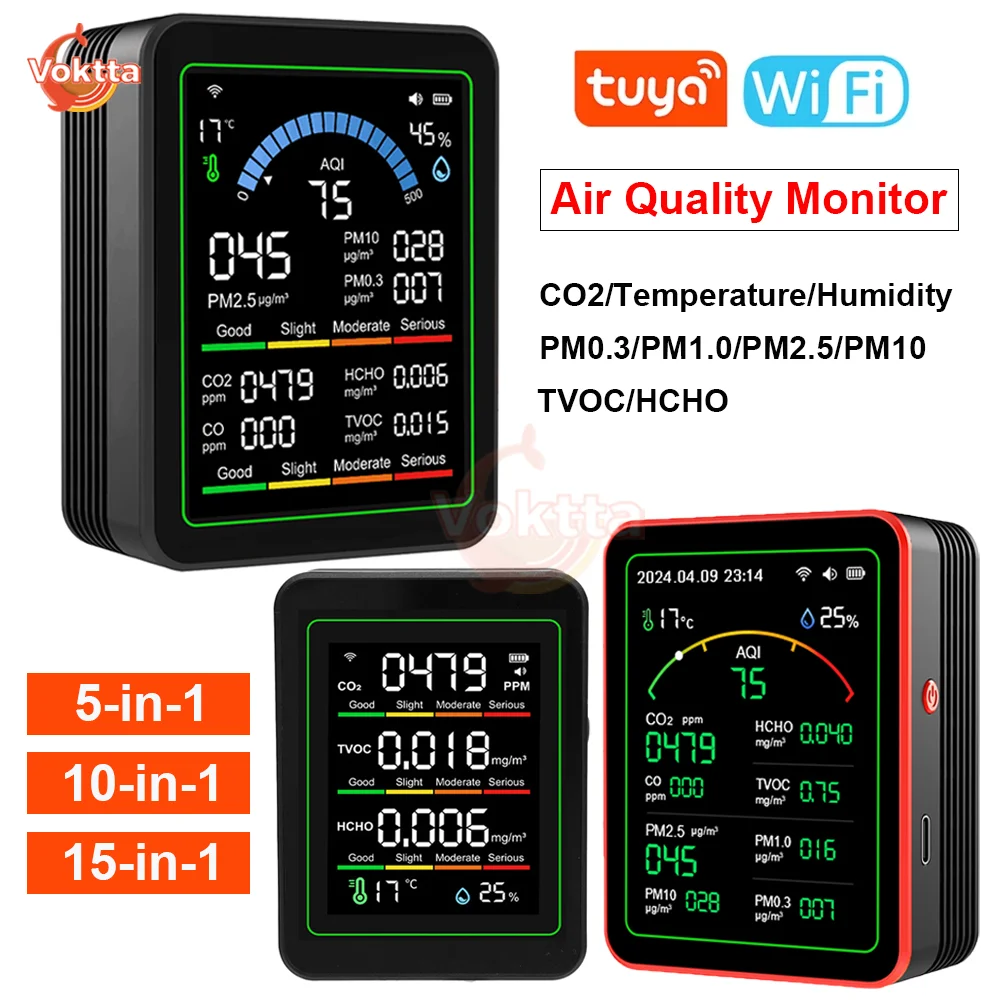 Tuya WiFi Monitor della qualità dell'aria Misuratore di CO2 Display TFT PM0.3 PM1.0 PM2.5 PM10 HCHO Tester Misuratore di umidità della temperatura Controllo APP
