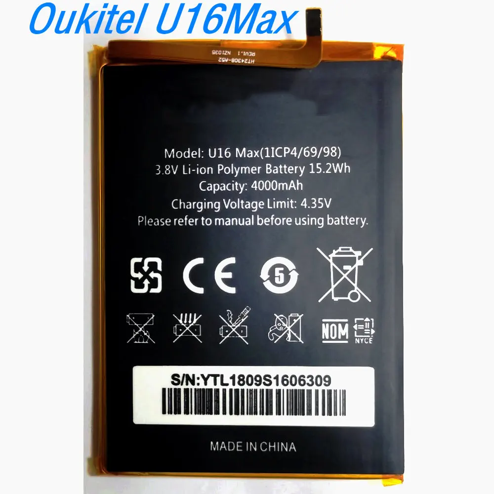 

3.8V 4000mAh 15.2Wh High Quality U16 Max Li-ion Polymer Battery for OUKITEL Mobile Phone 1ICP4/69/98