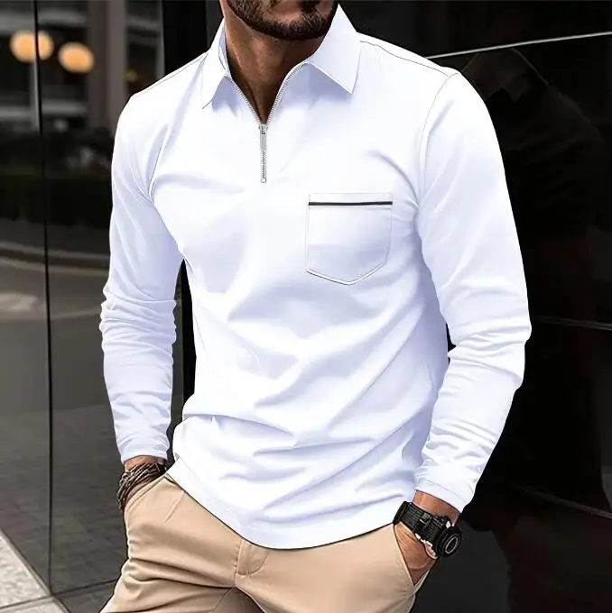 Spring Autumn Men's Business Casual solid color lapel zipper pocket horizontal strip breathable long-sleeved sports shirt