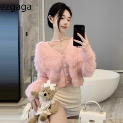 Ezgaga Fashion Knitted Cardigan Women Sexy Furry Tassel V Neck Loose Cropped Sweater Sweet Outwear Female Elegant Tops