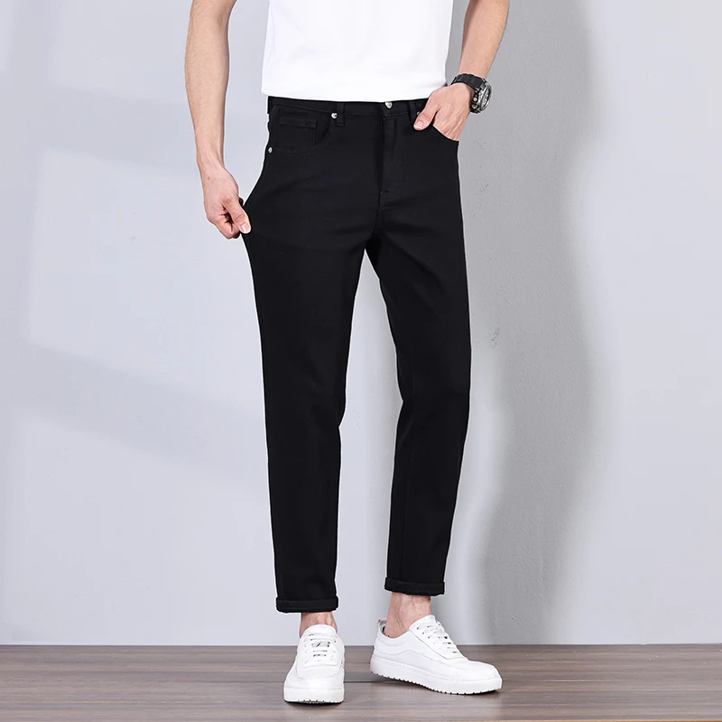 กางเกงยีนส์ระดับไฮเอนด์ใหม่สีดําบริสุทธิ์โดยไม่ซีดจางในฤดูใบไม้ผลิและฤดูร้อนบางเข้ารูปพอดียืดหยุ่นทุกอย่างเท้าตรงขนาดเล็กเก้าจุด