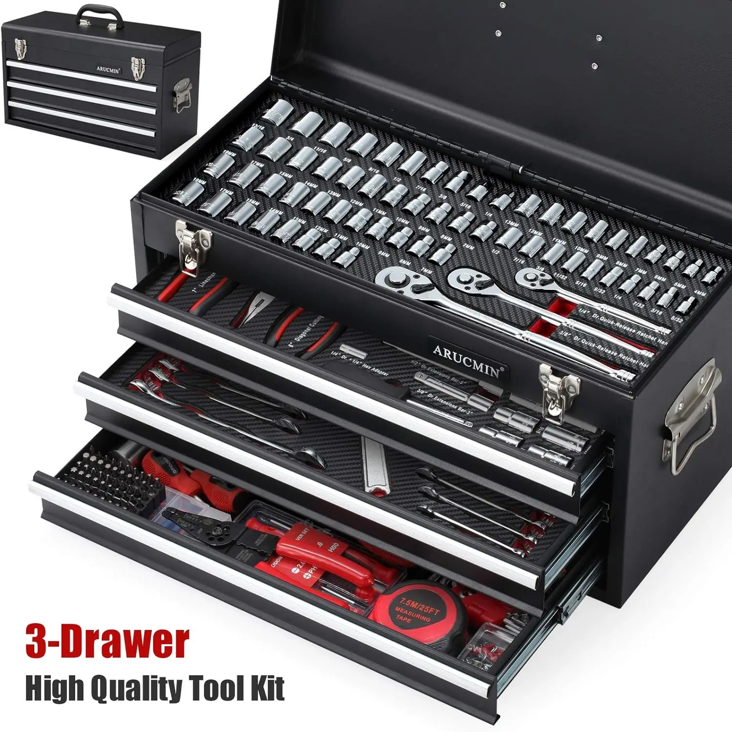 ARUCMIN 438-Piece Mechanics Tool Set with 3-Drawer Heavy Duty Metal Box Repair Tool