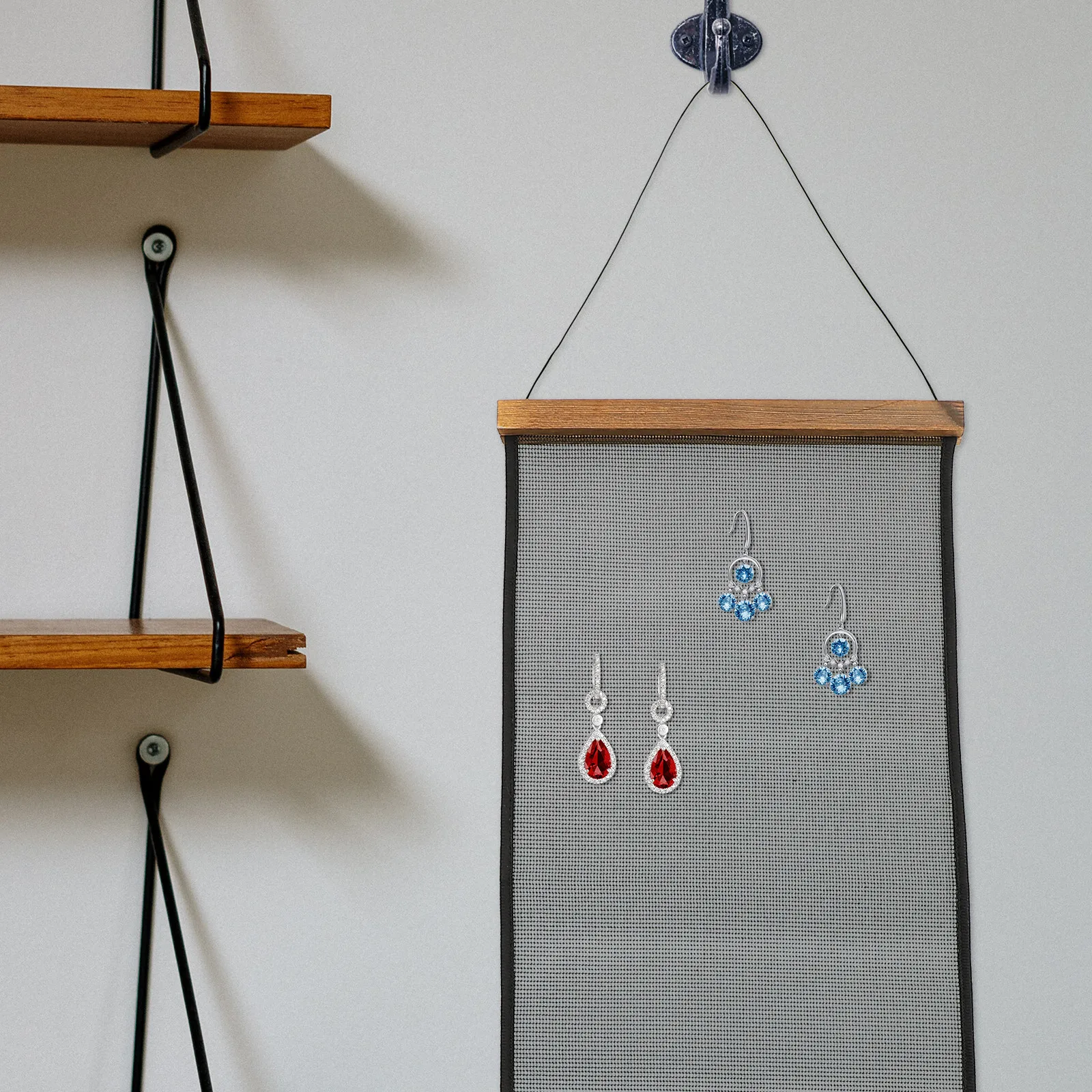 

Mesh Jewelry Hanger Wall Organizer Hanging Rack Premium Wood Jewelry Display Holders for Earrings Necklaces Rings Home Storage