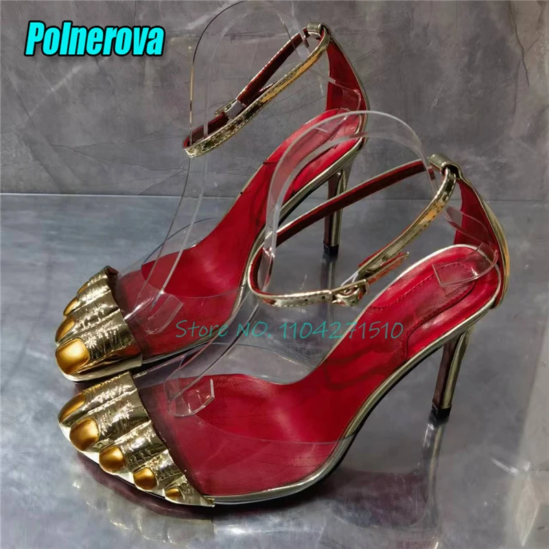 

Сандалии с золотым пальцем и ремешком на щиколотке, элегантные летние роскошные туфли на высоком каблуке из ПВХ, новинка, вечерние модельные женские туфли на шпильке