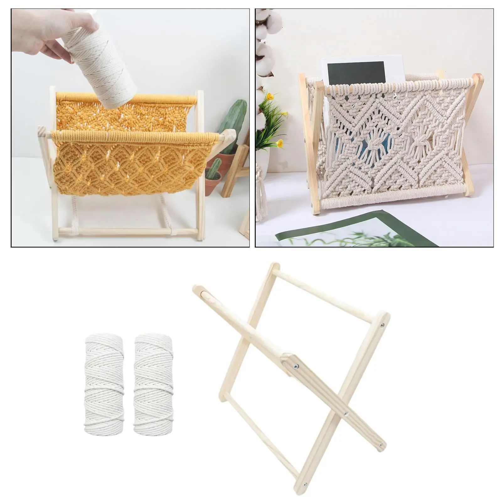 Macrame Rack Knitting Stand DIY Assemble Album Books Towel Storage Basket Mail Nursery Holder Wood Bedroom Floor Desk