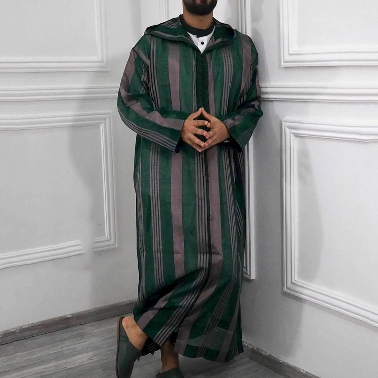 Striped Hooded Men Muslim Robe Zipper Casual Jubba Thobe Long Sleeve Men's blouse Islamic Arabian Musulmane Kaftan Robes