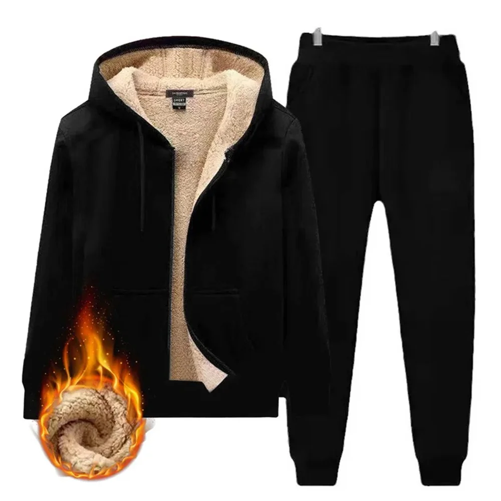 

Men'S Winter Fleece Thicken Warmer Sport Suit Sportswear Lambwool Thermal Hoodies Sweatpants Gym Men Long Pants Trousers