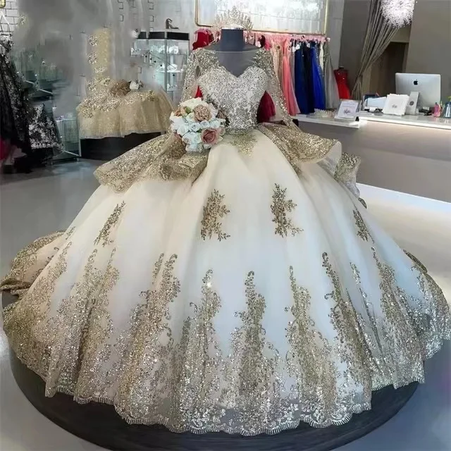 ANGELSBRIDEP แชมเปญ Quinceanera Ball Gown แขนยาว Sequined Appliques Sweet16 ชุด Vestidos De 15 Años ที่กําหนดเอง