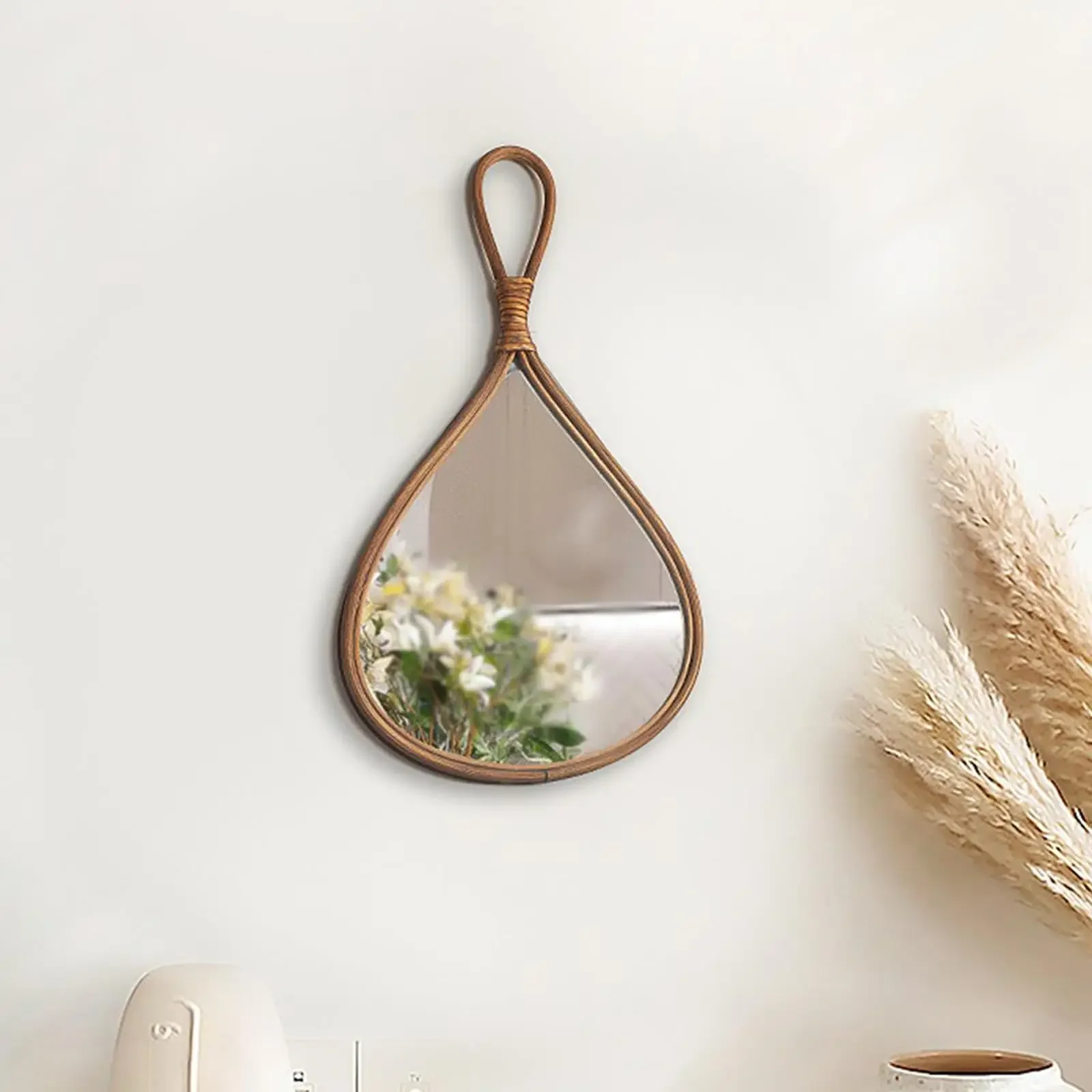 Natural Rattan Mirror Simple Boarding Style Creative Wall Decorative Handmade Teardrop Rattan Vanity Mirror