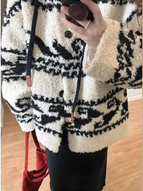 2025 Autumn and Winter New High-end Lamb Wool Short Jacket Warm Hooded Top