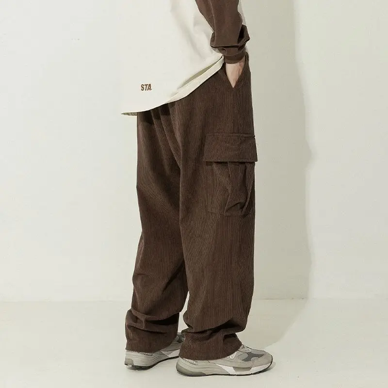 Japan Y2K Oversized Hip Hop Jogging Casual Brown Wide Baggy Cargo Pants Men Corduroy Sweatpants Retro Streetwear Harajuku Korean