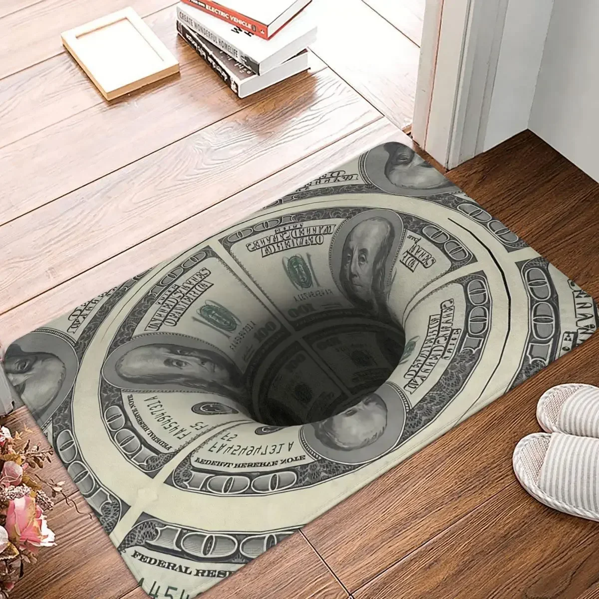 Optical Illusion Non-slip Doormat Hole Green Fiat Dollar Wall Street100 Bill Money Bath Mat Prayer Carpet Pattern Decor