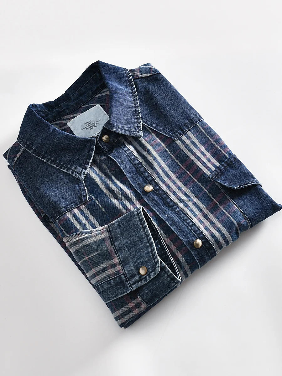 

Retro Plaid Men's Denim Shirt Jacket Casual Versatile Washed Heavyweight Patchwork Design Breathable Cotton Long Sleeve Spring