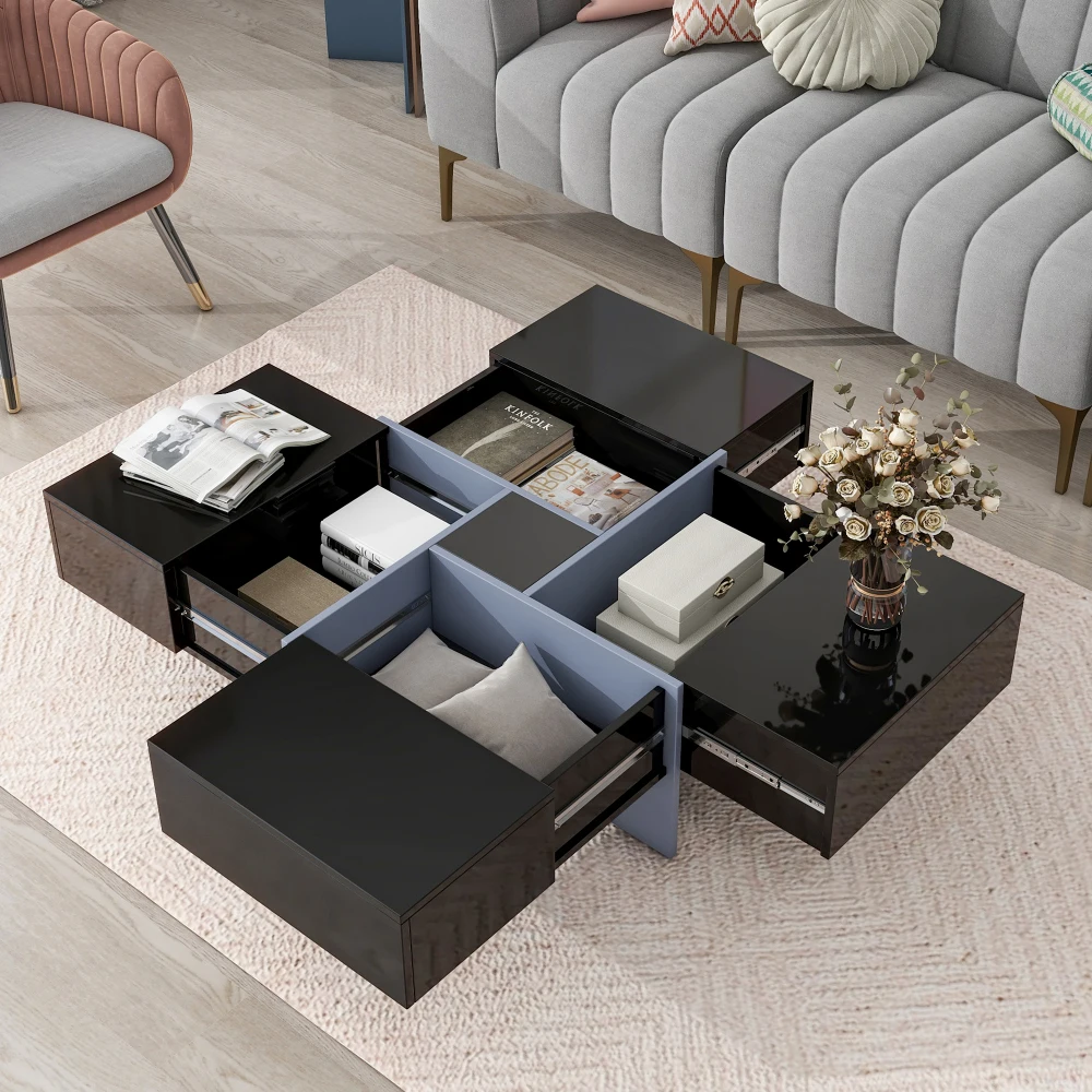 Modern Coffee table with 4 hidden storage compartments, square cocktail table with retractable sliding top，For living rooms