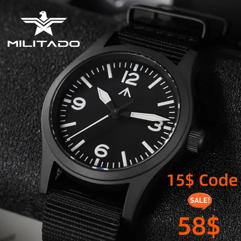Militado New ML05 PVD Black Quartz Wristwatch VH31 Movement Sapphire Mirror BGW9 316L Case Waterproof 38Mm Vintage Watch