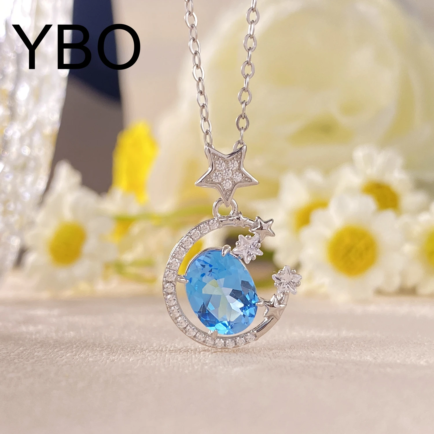 

YBO Fashion 925 Silver Moon Stars Pendant Necklaces Women Luxury Wedding Party Jewelry Natural Blue Topaz Clavicle Chains Gifts