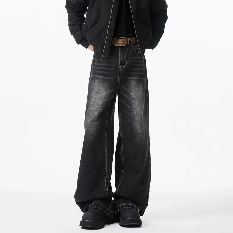 Vintage Men Washed Distressed Denim Jeans Cat Whisker Loose Straight Wide‑Leg Pants Cleanfit High Street Long Trousers For Male