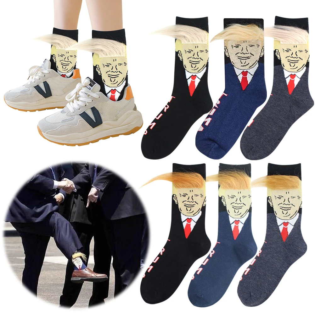 Trump Socks With Hair Funny Donald Trump Presidential Socks With 3D Fake Hair Round Neck Sock Men's Street Clothing Hip Hop Sock