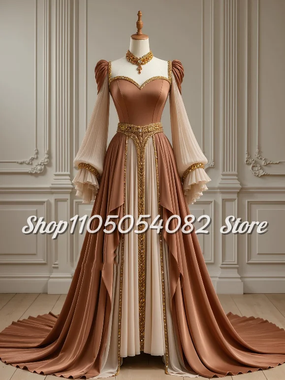 

Вечерние платья принцессы феи по индивидуальному заказу с v-образным вырезом и длинными рукавами, плиссированные золотые кружевные аппликации, трапециевидное арабское платье для выпускного вечера со шлейфом