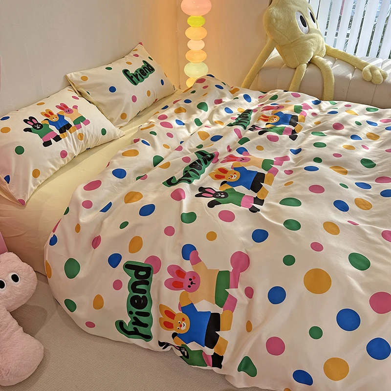 Kids Bedding 4pcs Bed Set Washed Cotton Soft Bedclothes Good Friend Duvet Cover Flat Sheet Pillowcase Cartoon Home Linens Full