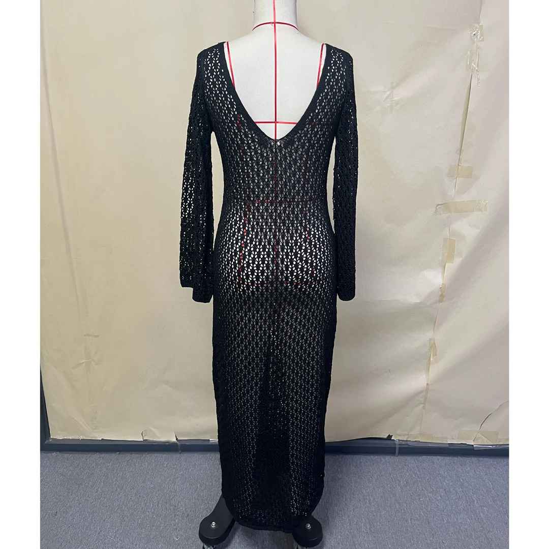 8 Farben, V-Ausschnitt, langärmeliges, gehäkeltes, gestricktes Tunika-Strandkleid, Strandmode, Strandbekleidung, Strand-Cover-up, Damen, V5046 – Detail 30