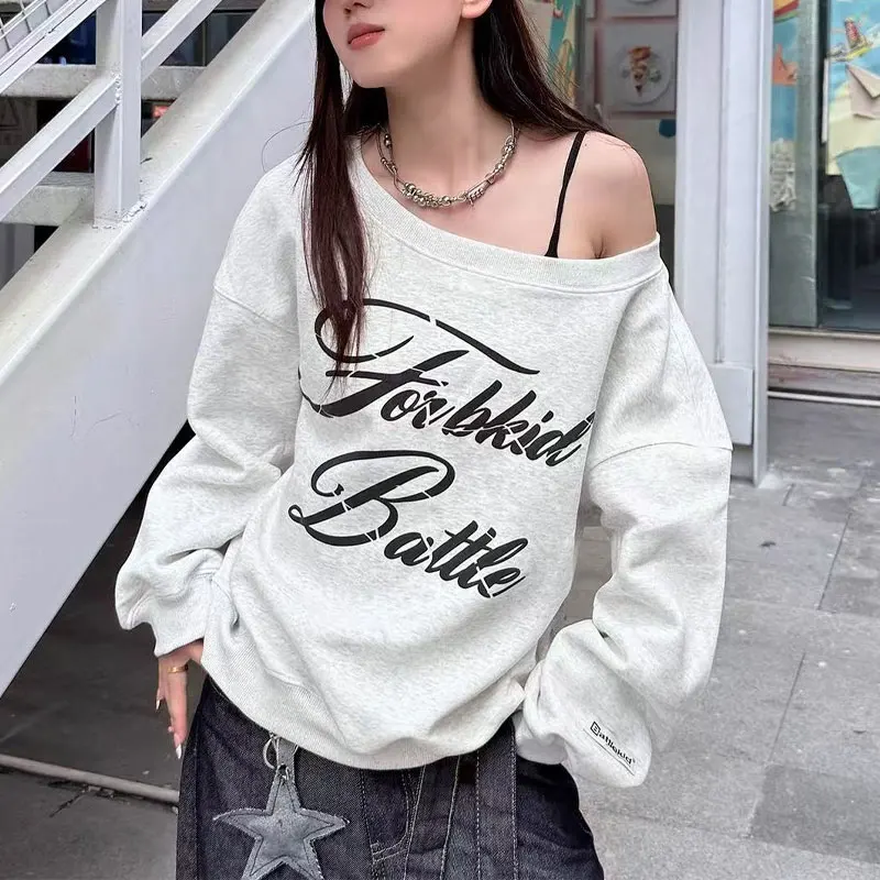 Fashionable Off Shoulder American Hoodies Spring Autumn Long Sleeve Female Clothing Printed Casual Skew Collar Loose Sweatshirts