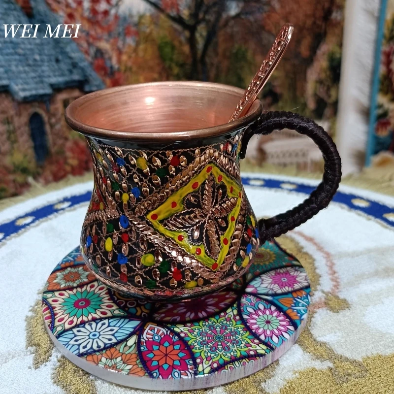 

Pattern Random Vintage Copper Coffee Mug,With Disc Spoon Breakfast Cup,Painting Sketch Unique Art Texture Gift Mug Tableware