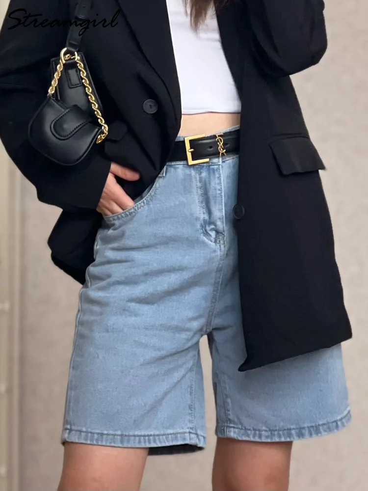 Women Denim Shorts High Waisted Summer Casual Straight Leg Jeans Shorts Woman Vintage Light Blue Shorts Women Summer Short Jeans