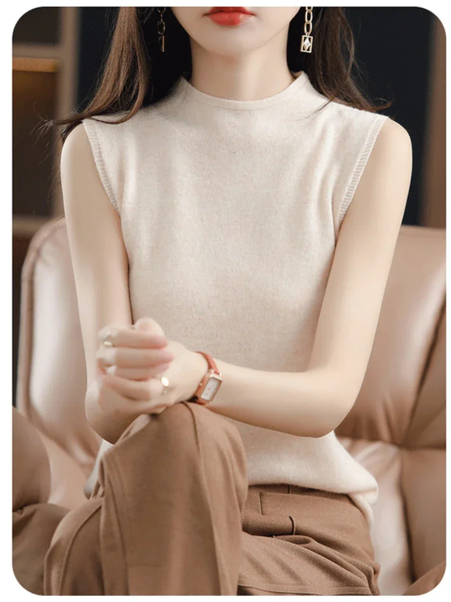 Spring Autumn Women Sweater Vest Half High Collar Slim Fit Knitwears Warm Pullovers Casual Knitted Tops Korean Fashion Jumpers