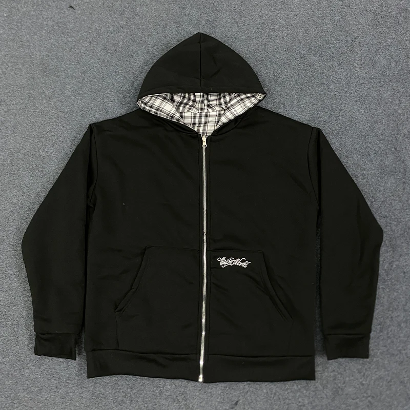 Spring and Autumn New American Trendy Brand Double Sided Stand Up Hoodie, Cardigan, Casual Workwear, Plaid Jacket