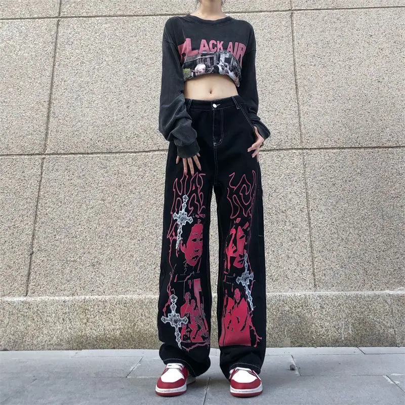 Jeans Printing Hip Hop Y2K Women Black Streetwear Fashion Spring Autumn Oversize Pants Vintage Loose Straight Trousers