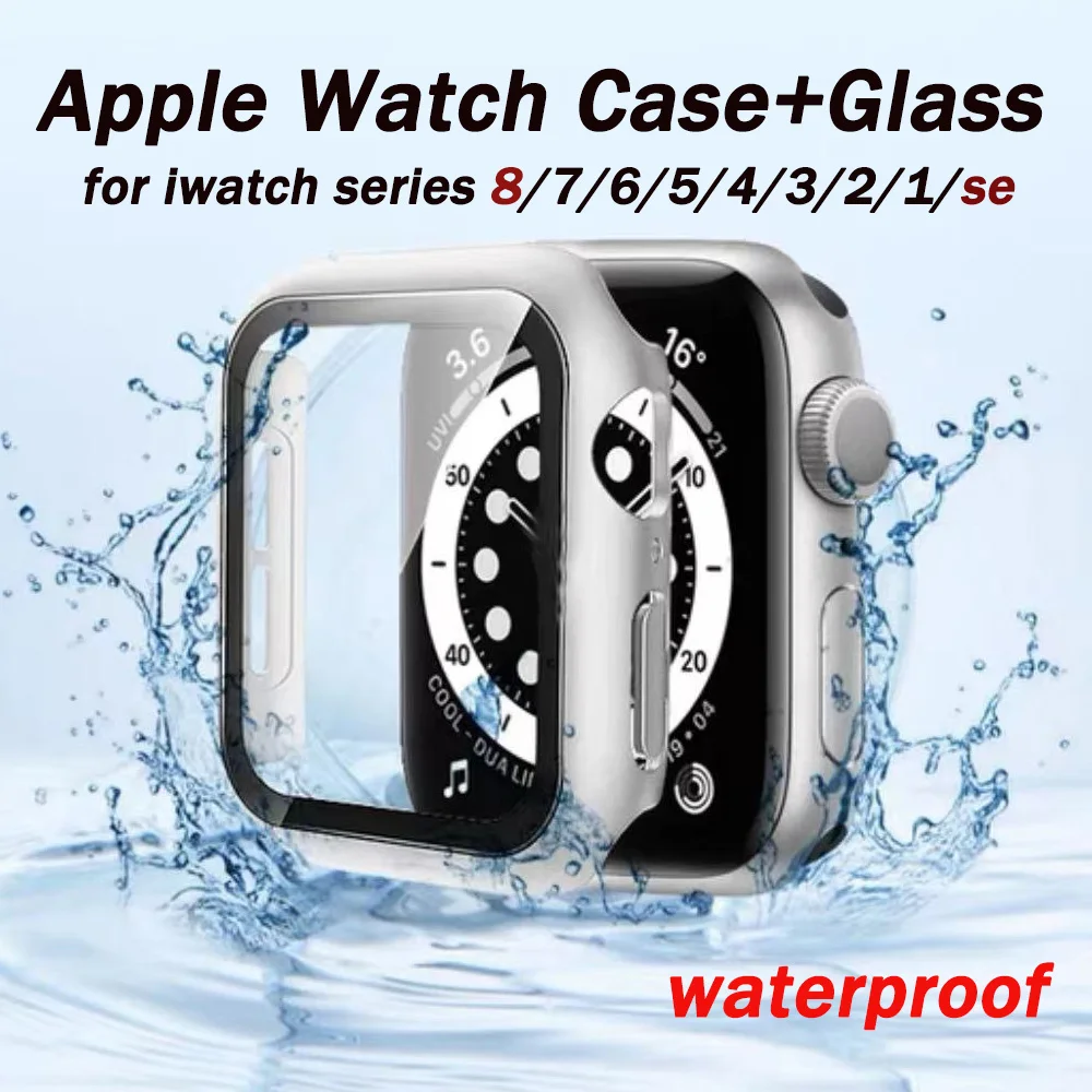 Tempered Glass+cover For Apple Watch 8 44mm 40mm 42mm 38mm PC bumper Screen Protector Case iWatch series 7 6 5 4 3 se 41mm 45mm